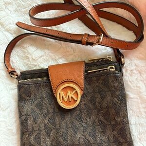 Michael Kors Gold and Brown Logo Crossbody Bag